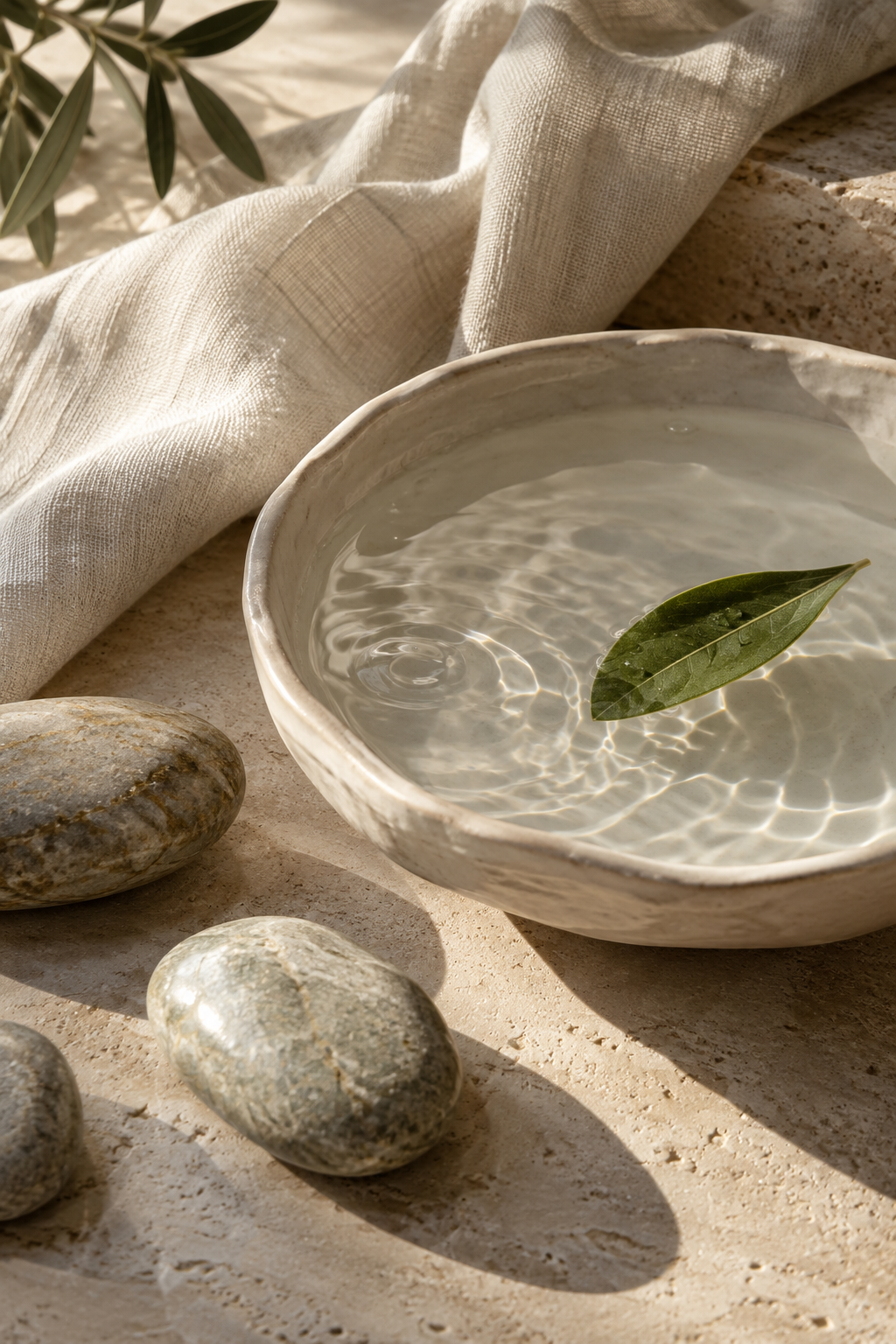 AI-generated editorial still life with linen, ceramics and botanical details; not an actual U.S. facility