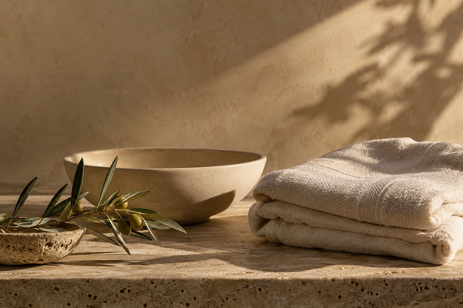 AI-generated editorial still life with linen, ceramics and botanical details; not an actual U.S. facility